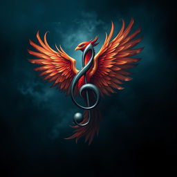 A striking musical symbol intertwined with a powerful phoenix, set against a dark, mysterious aura
