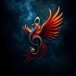 A striking musical symbol intertwined with a powerful phoenix, set against a dark, mysterious aura