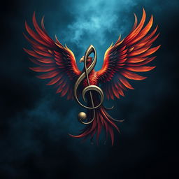 A striking musical symbol intertwined with a powerful phoenix, set against a dark, mysterious aura