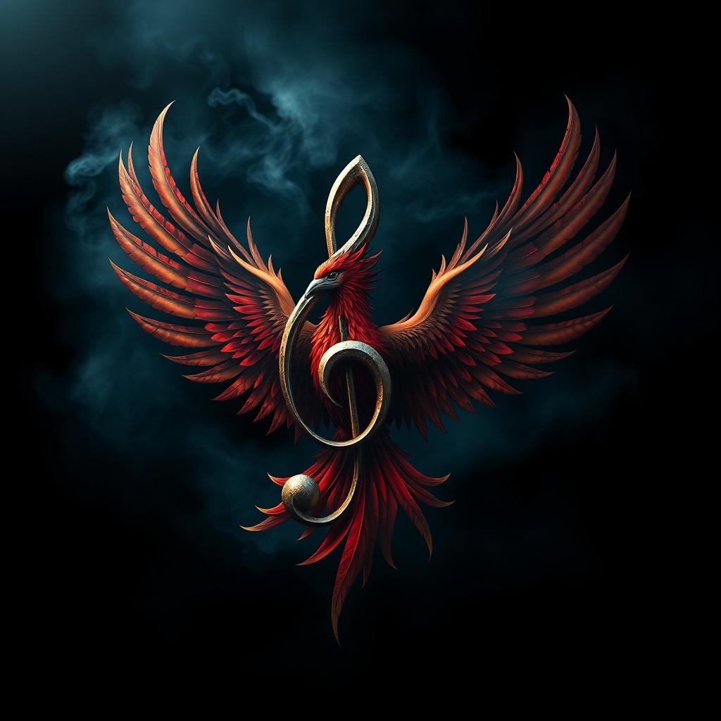 A striking musical symbol intertwined with a powerful phoenix, set against a dark, mysterious aura
