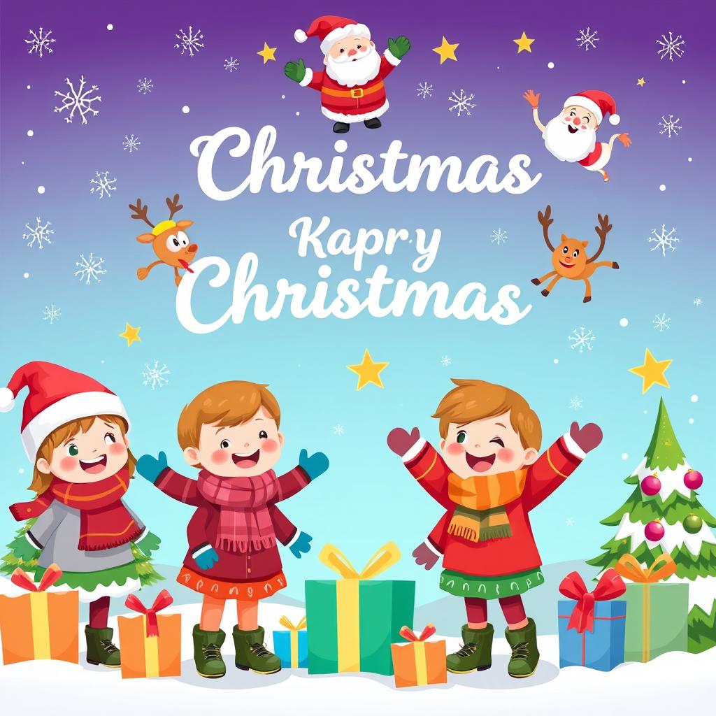 A colorful and festive Christmas-themed background featuring cute clipart of children celebrating the holiday