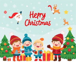 A colorful and festive Christmas-themed background featuring cute clipart of children celebrating the holiday