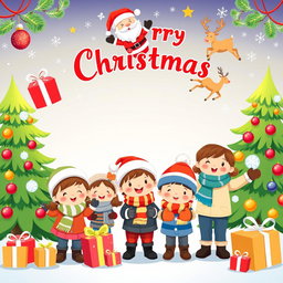A colorful and festive Christmas-themed background featuring cute clipart of children celebrating the holiday