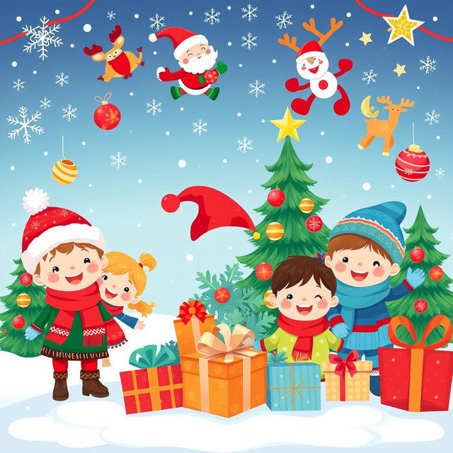 A colorful and festive Christmas-themed background featuring cute clipart of children celebrating the holiday