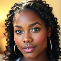 A close-up of a beautiful woman showcasing her naturally styled edges, emphasizing soft, wavy baby hairs framing her face, with a warm, inviting background