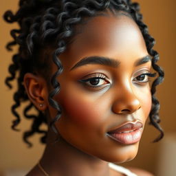 A close-up of a beautiful woman showcasing her naturally styled edges, emphasizing soft, wavy baby hairs framing her face, with a warm, inviting background
