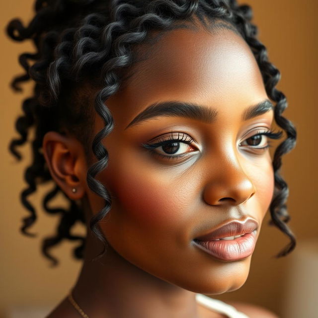A close-up of a beautiful woman showcasing her naturally styled edges, emphasizing soft, wavy baby hairs framing her face, with a warm, inviting background