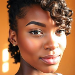 A close-up of a beautiful woman showcasing her naturally styled edges, emphasizing soft, wavy baby hairs framing her face, with a warm, inviting background