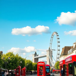 A picturesque view of London featuring iconic landmarks such as the Tower Bridge and the London Eye in the background