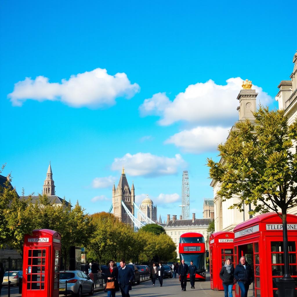 A picturesque view of London featuring iconic landmarks such as the Tower Bridge and the London Eye in the background