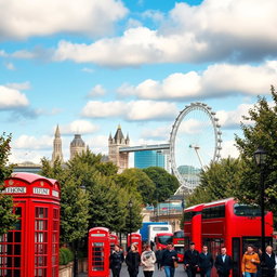 A picturesque view of London featuring iconic landmarks such as the Tower Bridge and the London Eye in the background