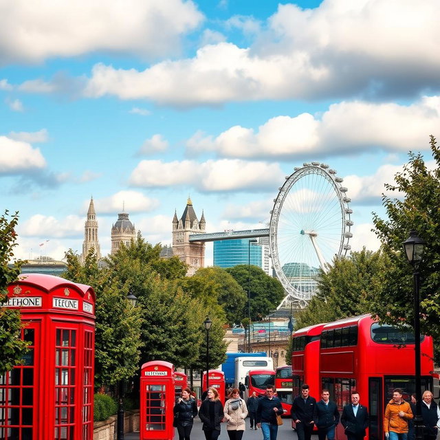 A picturesque view of London featuring iconic landmarks such as the Tower Bridge and the London Eye in the background