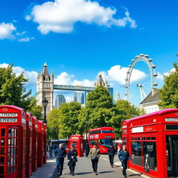 A picturesque view of London featuring iconic landmarks such as the Tower Bridge and the London Eye in the background
