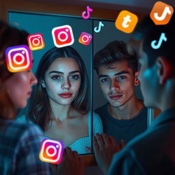 A young woman and a young man gazing at their reflections in a mirror