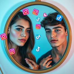 A young woman and a young man gazing at their reflections in a mirror