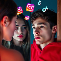 A young woman and a young man gazing at their reflections in a mirror