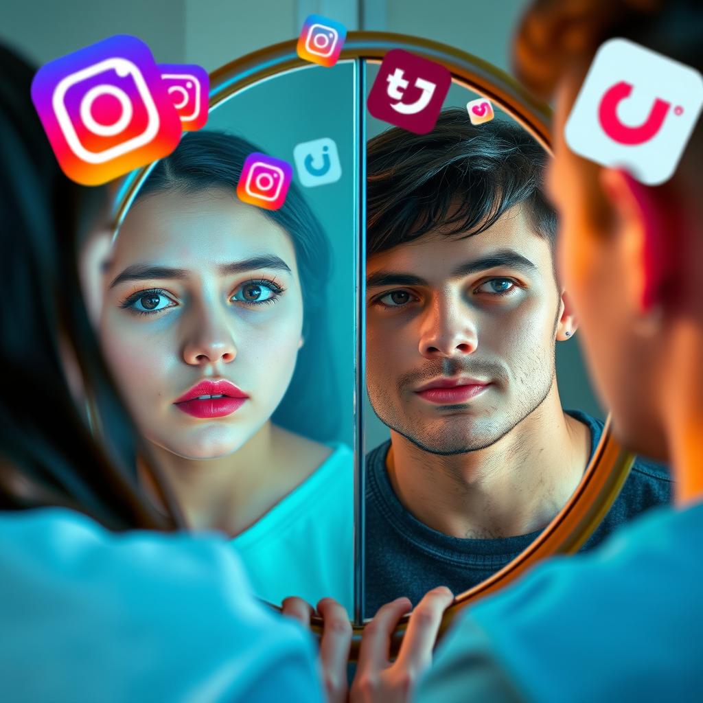 A young woman and a young man gazing at their reflections in a mirror