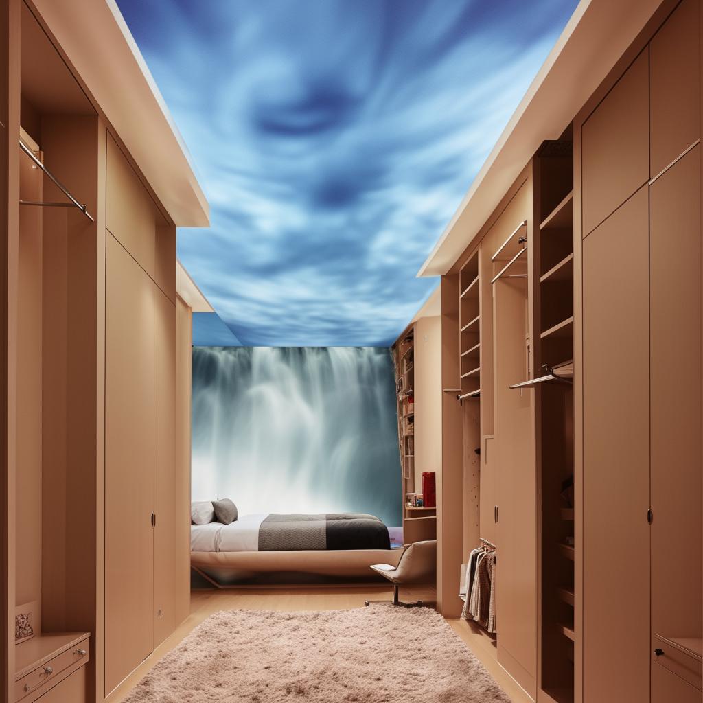 Create a large room with a ceiling mimicking a cloudy sky. The centerpiece is a bed hung in the middle of one wall, flanked by a grand mirror. Beside the mirror is a sizable wardrobe with numerous compartments. The floor has a plush mat and opposite to the bed, a wall showcases a waterfall. One wall painted in light-dark hues remains unadorned. A capacious study table and wall shelves demand attention.