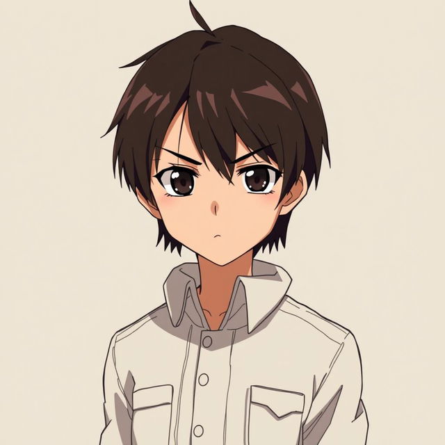 A young anime character with short, well-groomed dark brown hair