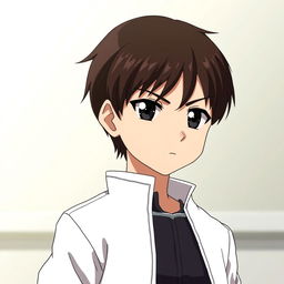 A young anime character with short, well-groomed dark brown hair, displaying a serious and calculating expression