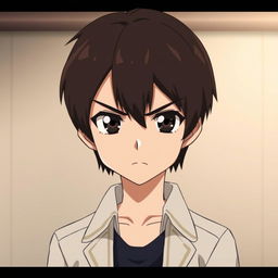A young anime character with short, well-groomed dark brown hair, displaying a serious and calculating expression