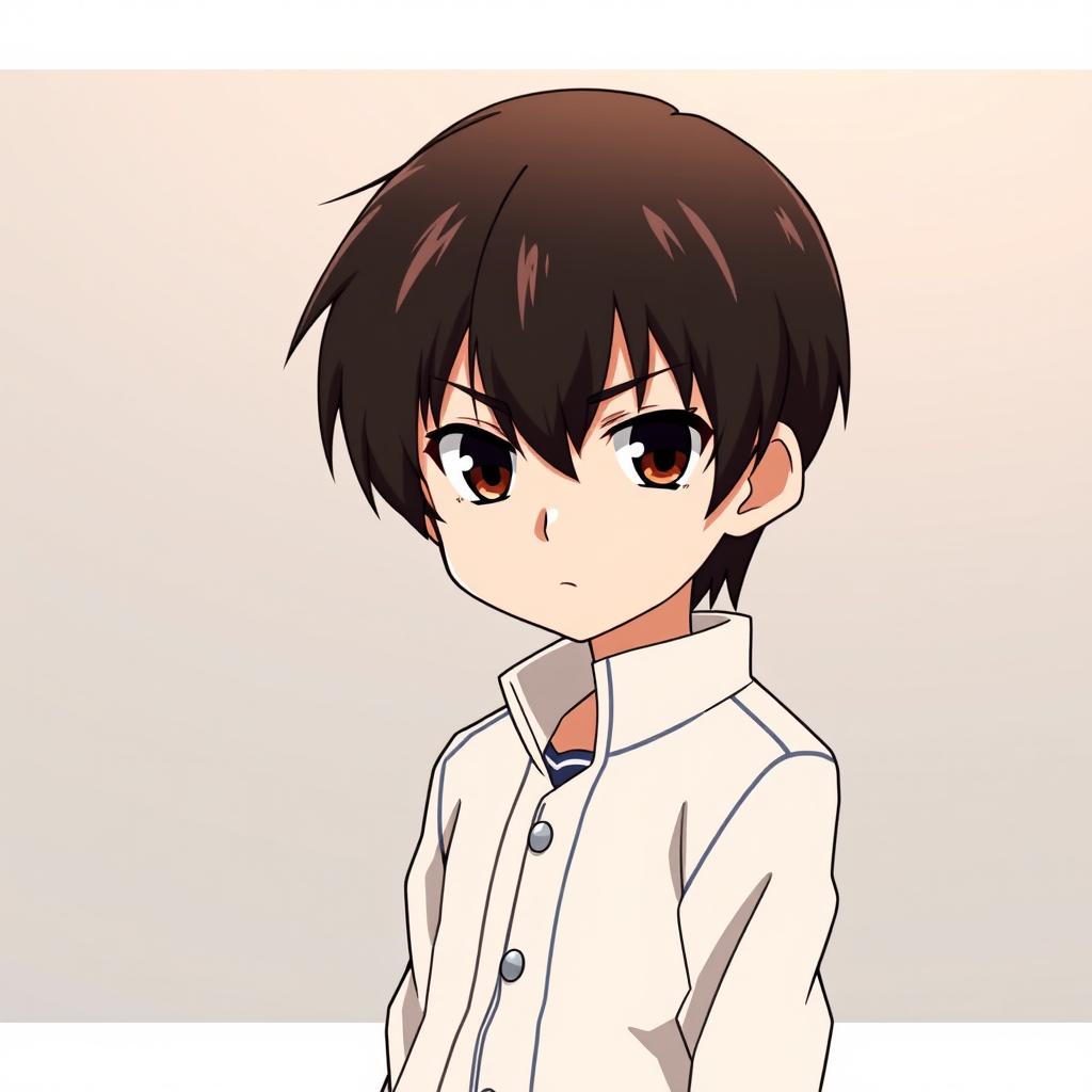 A young anime character with short, well-groomed dark brown hair, displaying a serious and calculating expression