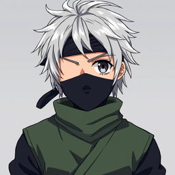An anime ninja with tousled silver hair, adorned with a headband that covers their left eye