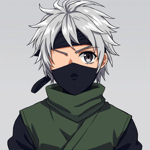 An anime ninja with tousled silver hair, adorned with a headband that covers their left eye