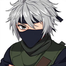 An anime ninja with tousled silver hair, adorned with a headband that covers their left eye