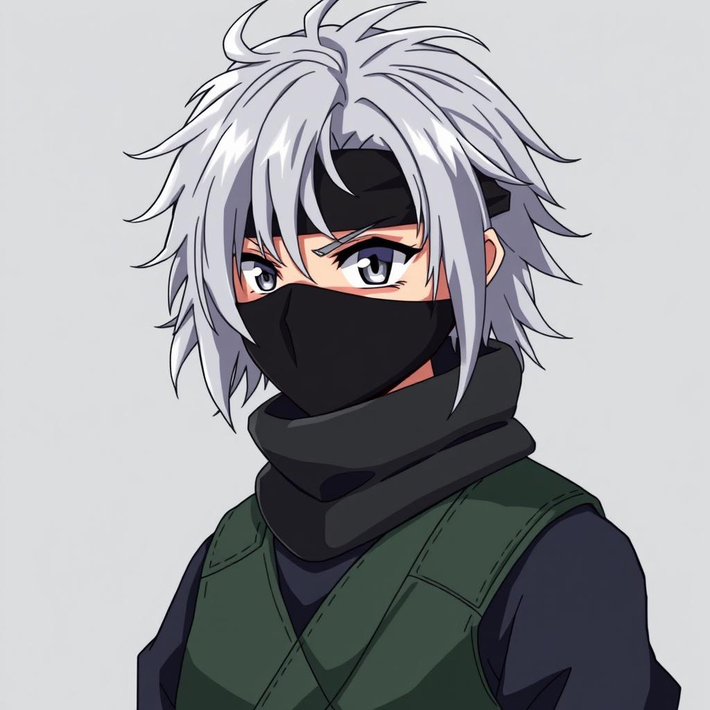 An anime ninja with tousled silver hair, adorned with a headband that covers their left eye