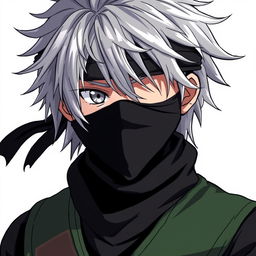 An anime ninja with tousled silver hair, adorned with a headband that covers their left eye