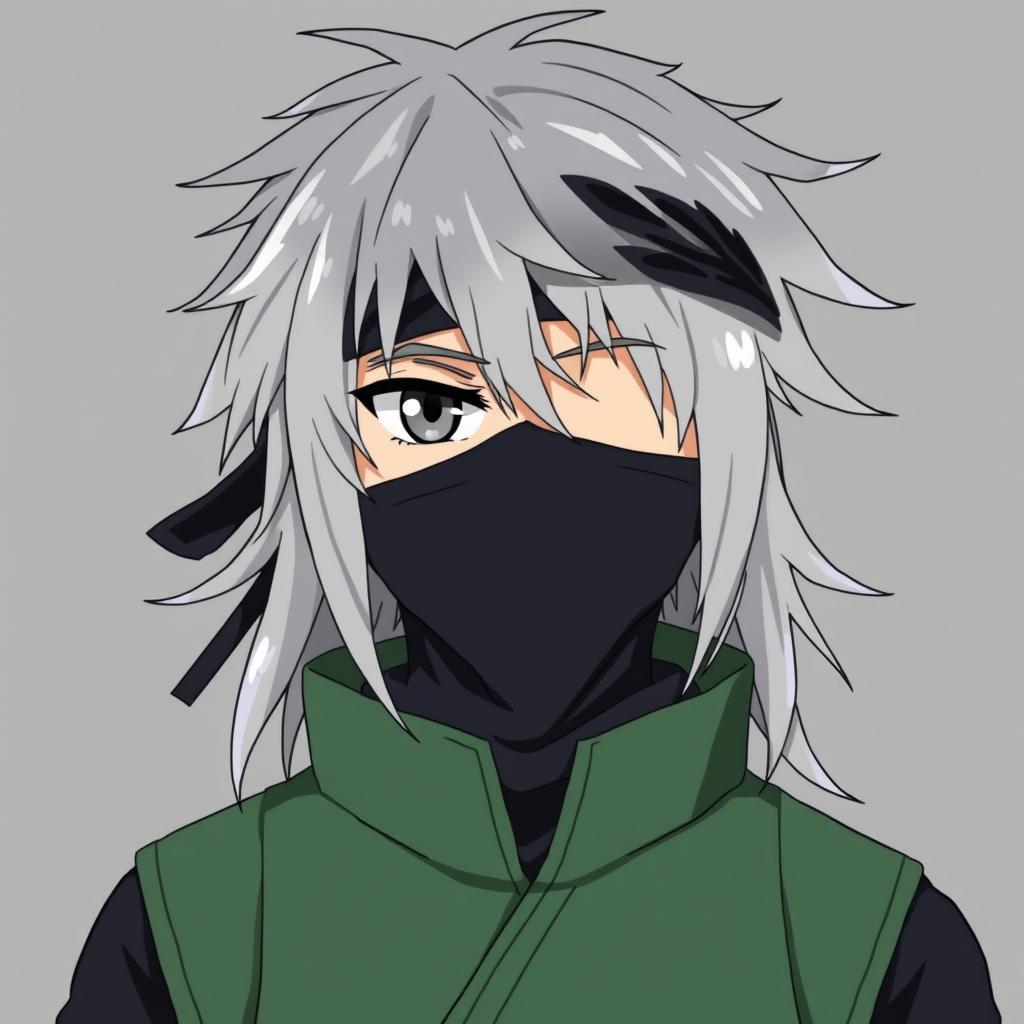 An anime ninja with messy silver hair covered by a headband that obscures their left eye