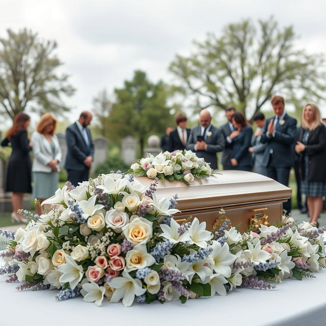A serene and respectful scene depicting a tranquil funeral setting