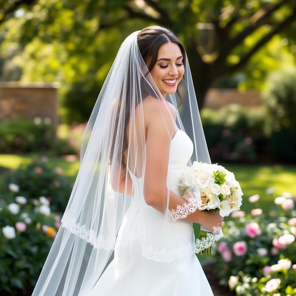 A bride wearing a long veil with a double layer, elegantly cascading down her back