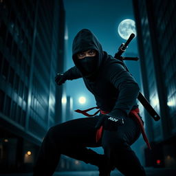 An American ninja, stealthily moving through a dark urban environment