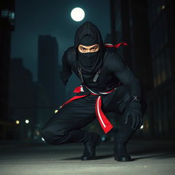 An American ninja, stealthily moving through a dark urban environment
