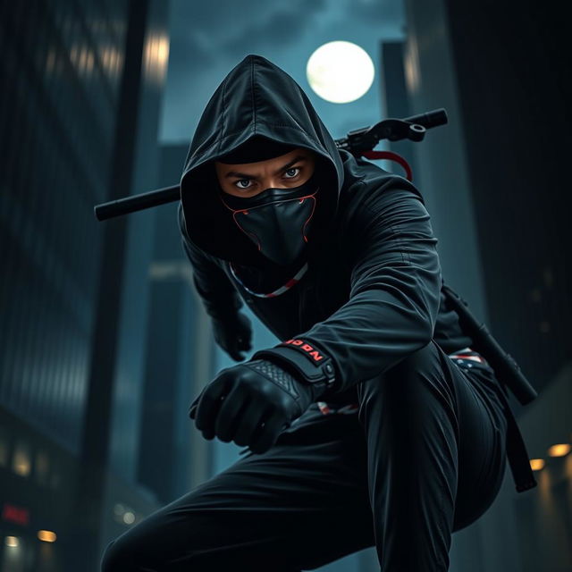 An American ninja, stealthily moving through a dark urban environment
