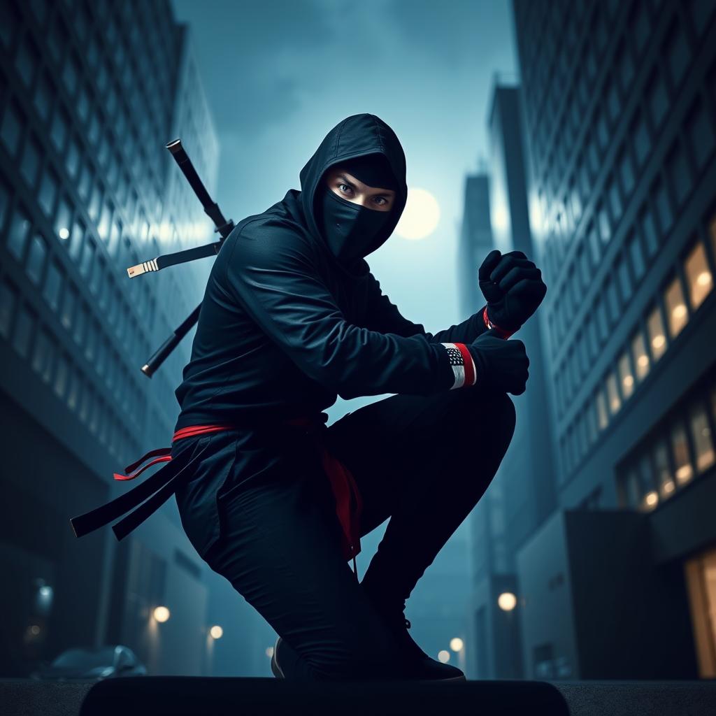 An American ninja, stealthily moving through a dark urban environment