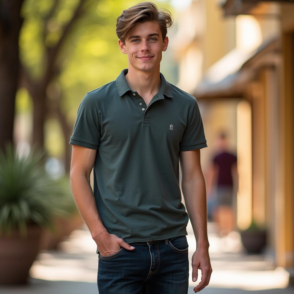 A 20-year-old young man with short brown hair and striking blue eyes, wearing dark jeans and a fitted polo shirt, standing confidently with a slight smile