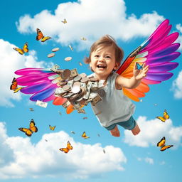 A whimsical scene featuring a young child with large, colorful wings, joyfully flying through the air