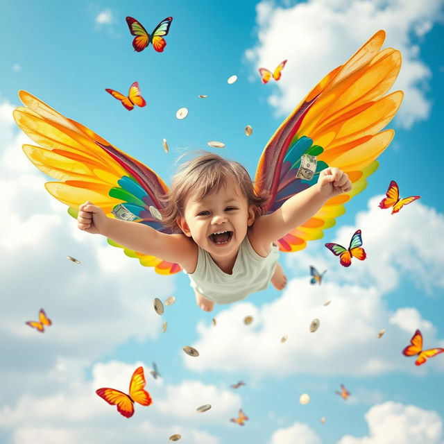 A whimsical scene featuring a young child with large, colorful wings, joyfully flying through the air
