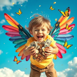 A whimsical scene featuring a young child with large, colorful wings, joyfully flying through the air