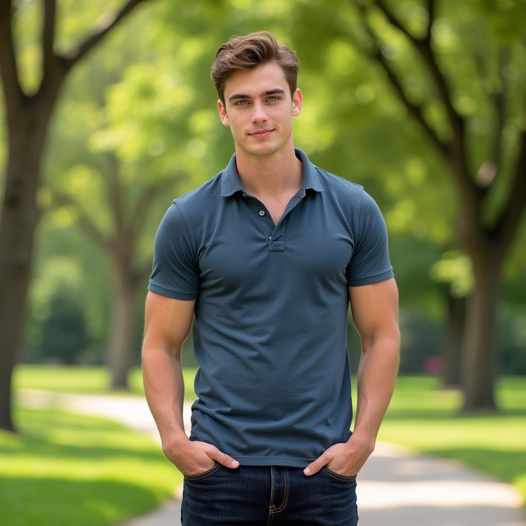 A nicely built 20-year-old young man with short brown hair and piercing blue eyes, wearing dark jeans that fit him well and a stylish fitted polo shirt