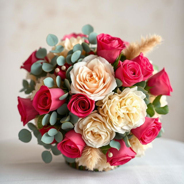 A beautifully arranged bouquet featuring vibrant bell-shaped roses in a rich pink hue, soft beige hydrangeas, delicate eucalyptus leaves, and fluffy beige pampas grass