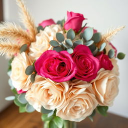 A beautifully arranged bouquet featuring vibrant bell-shaped roses in a rich pink hue, soft beige hydrangeas, delicate eucalyptus leaves, and fluffy beige pampas grass