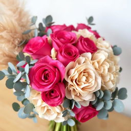 A beautifully arranged bouquet featuring vibrant bell-shaped roses in a rich pink hue, soft beige hydrangeas, delicate eucalyptus leaves, and fluffy beige pampas grass