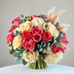 A beautifully arranged bouquet featuring vibrant bell-shaped roses in a rich pink hue, soft beige hydrangeas, delicate eucalyptus leaves, and fluffy beige pampas grass