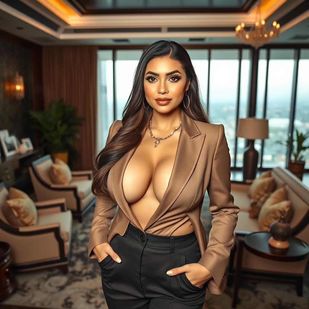 A stunningly beautiful woman of Indonesian-European descent, showcasing her enchanting features and voluptuous figure with a focus on her large bust