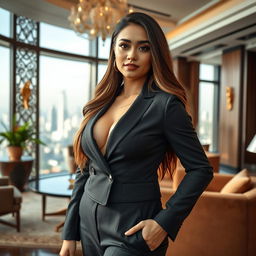 A stunningly beautiful woman of Indonesian-European descent, showcasing her enchanting features and voluptuous figure with a focus on her large bust