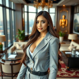 A stunningly beautiful woman of Indonesian-European descent, characterized by her alluring features and curvy figure that emphasizes her large bust